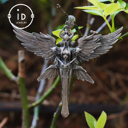 Gothic Warrior Woman Pendant with Wings and Sword in 925 Oxidized Silver Fantasy Totem Necklace for Cosplay Gift for Her Him