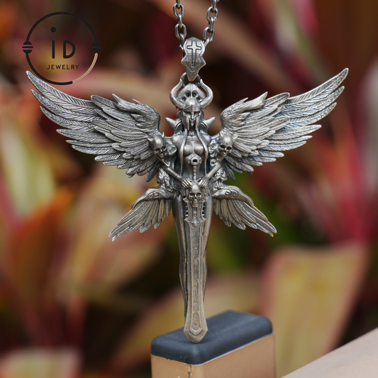 Gothic Warrior Woman Pendant with Wings and Sword in 925 Oxidized Silver Fantasy Totem Necklace for Cosplay Gift for Her Him