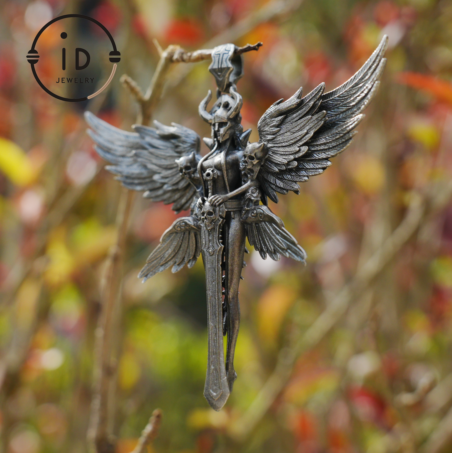 Gothic Warrior Woman Pendant with Wings and Sword in 925 Oxidized Silver Fantasy Totem Necklace for Cosplay Gift for Her Him