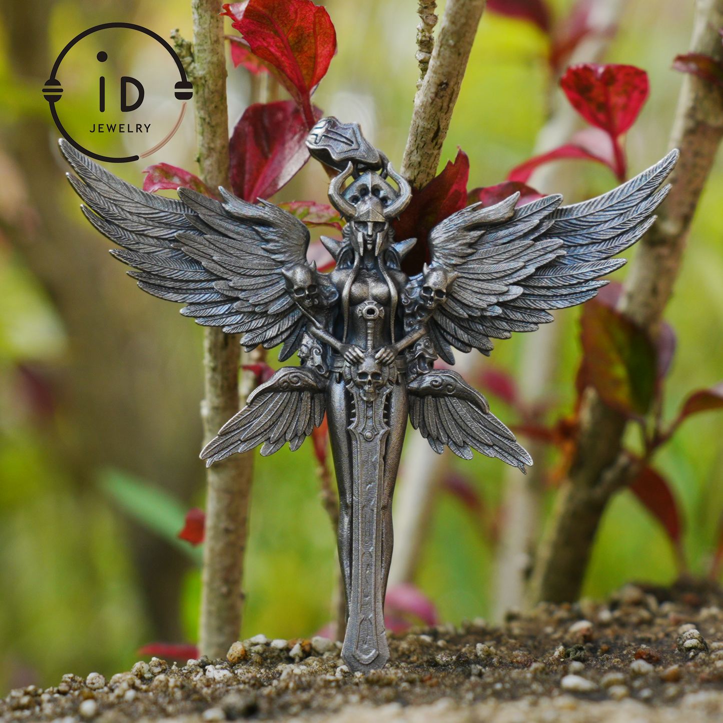 Gothic Warrior Woman Pendant with Wings and Sword in 925 Oxidized Silver Fantasy Totem Necklace for Cosplay Gift for Her Him