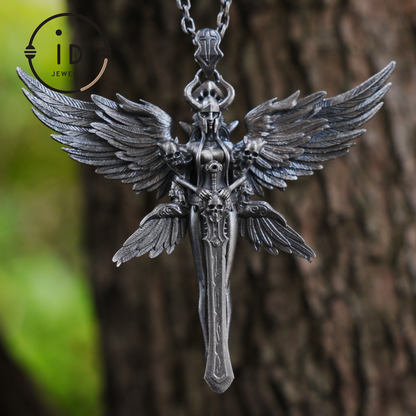 Gothic Warrior Woman Pendant with Wings and Sword in 925 Oxidized Silver Fantasy Totem Necklace for Cosplay Gift for Her Him