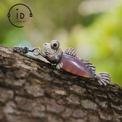 Pink Agate Fish Pendant in 925 Silver, Whimsical Totem Animal Necklace, Fantasy Vintage Jewelry Gift for Women or Men, Birthday Christmas