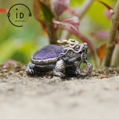 Amethyst Dragon Turtle Pendant in 925 Sterling Silver, Totem Vintage Style Necklace, Mystical Talisman Gift for Men and Women
