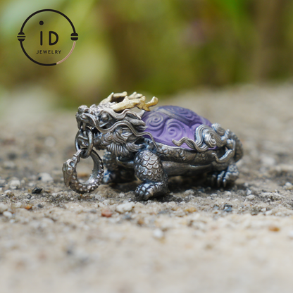 Amethyst Dragon Turtle Pendant in 925 Sterling Silver, Totem Vintage Style Necklace, Mystical Talisman Gift for Men and Women