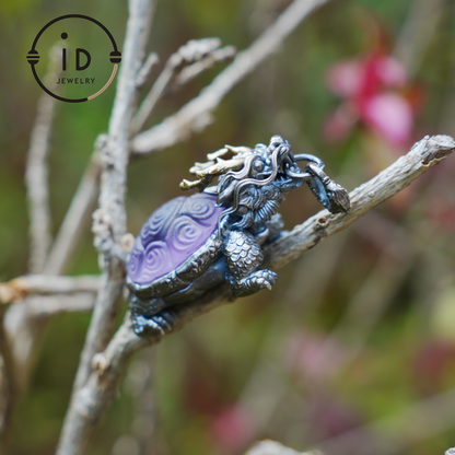 Amethyst Dragon Turtle Pendant in 925 Sterling Silver, Totem Vintage Style Necklace, Mystical Talisman Gift for Men and Women