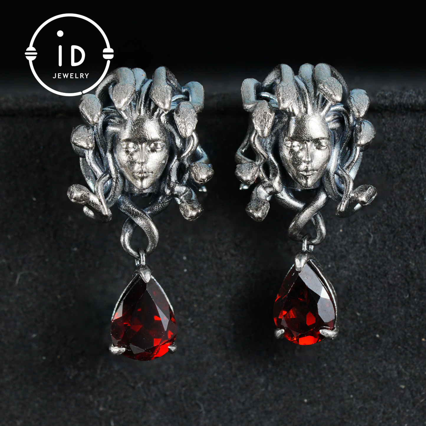 Medusa Earrings with Garnet Drop in Oxidized 925 Sterling Silver, Gothic Vintage Jewelry for Women, Christmas Gift Idea