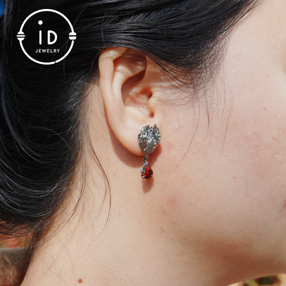 Fox Jewelry Set in Oxidized 925 Silver with Red Garnet – Gothic Earrings & Ring – Mystical Animal Jewelry in Fantasy Style Gift