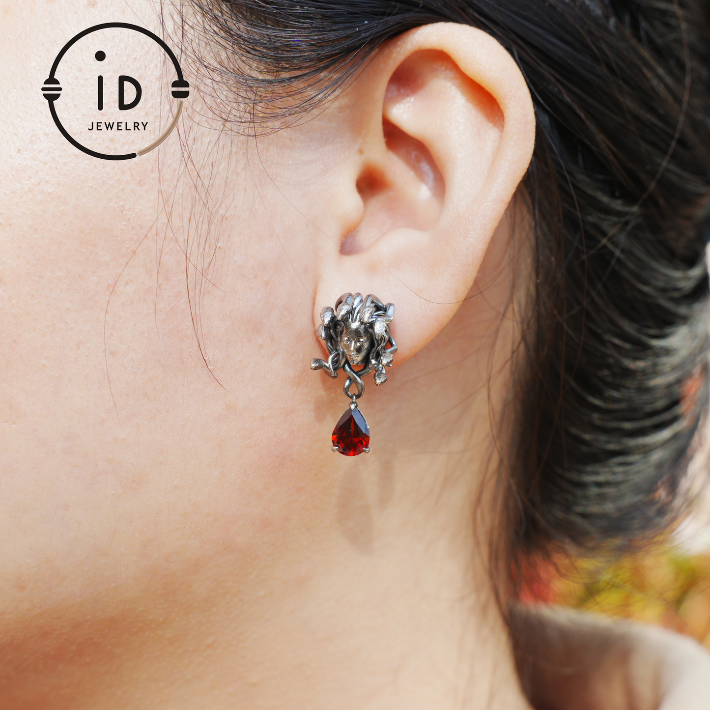 Medusa Earrings with Garnet Drop in Oxidized 925 Sterling Silver, Gothic Vintage Jewelry for Women, Christmas Gift Idea