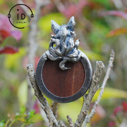Fox Pendant in Sterling Silver and Carved Agarwood in Totem Witchcore Style – Spiritual Necklace, Birthday Gift for Her, Handmade Amulet