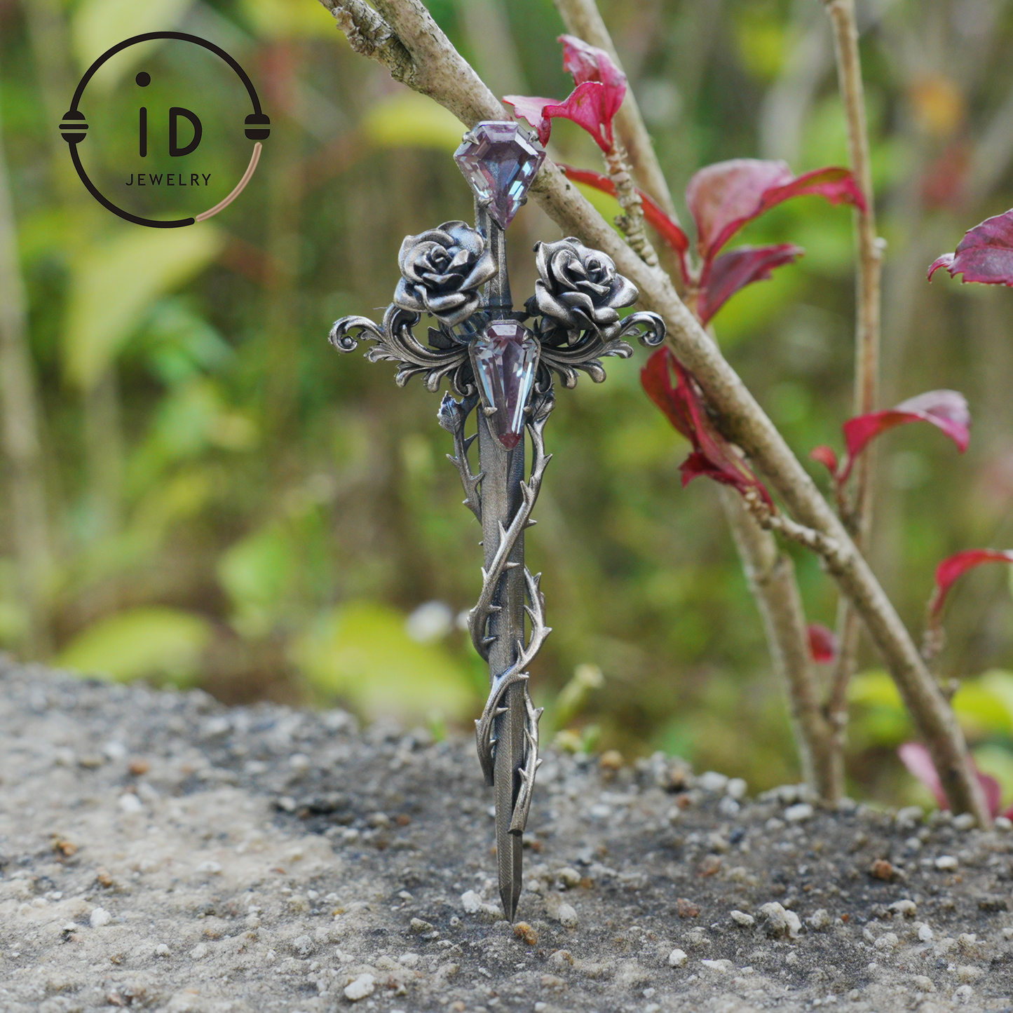 Handcrafted alexandrite pendant with rose and dagger details in oxidized silver – a symbolic talisman in gothic and witchcore style