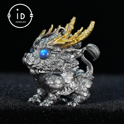 Labradorite Pendant Dragon 925 Silver Vintage Totem Gothic Style Mini Sculpture Talisman Gift for Her Mystical Handmade