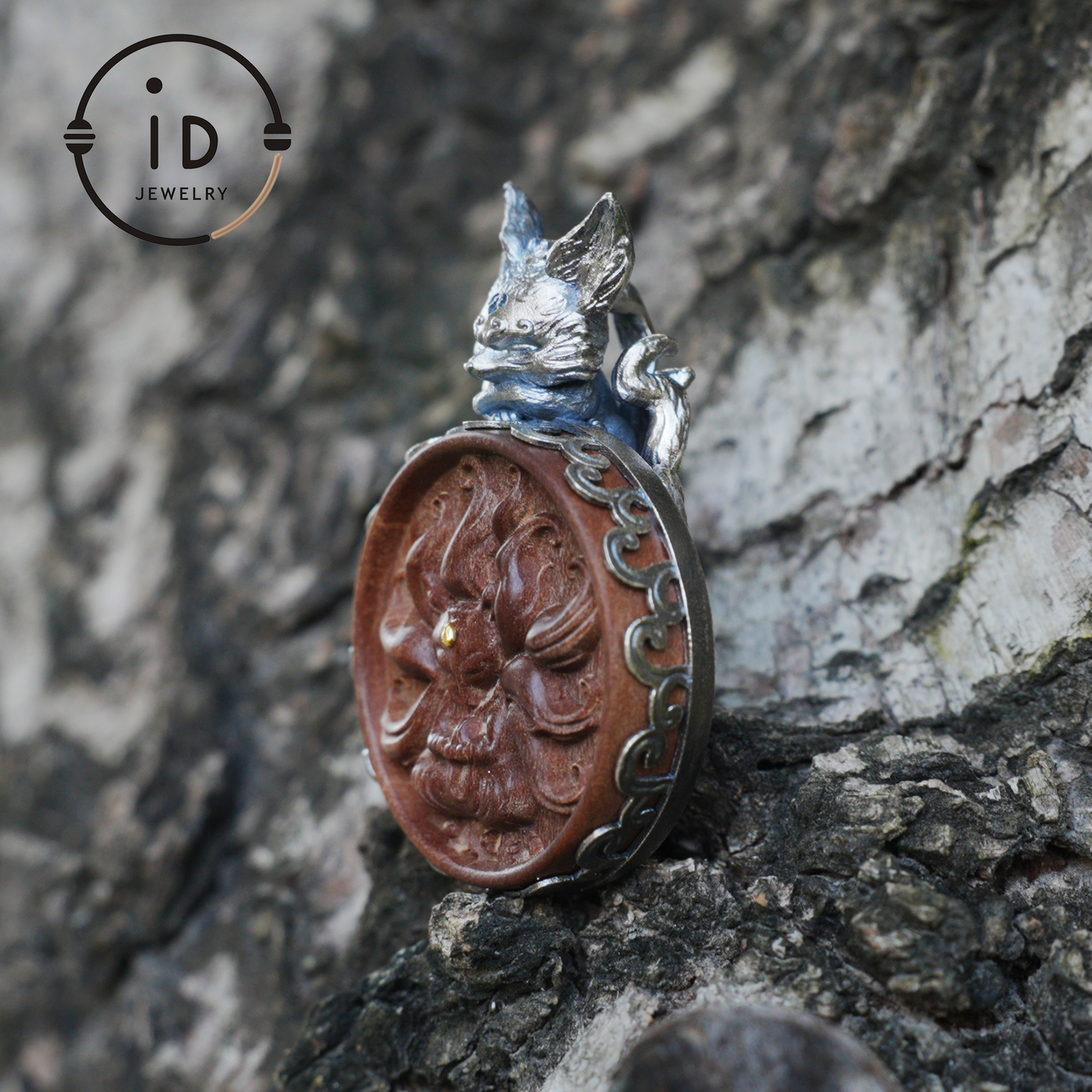 Fox Pendant in Sterling Silver and Carved Agarwood in Totem Witchcore Style – Spiritual Necklace, Birthday Gift for Her, Handmade Amulet
