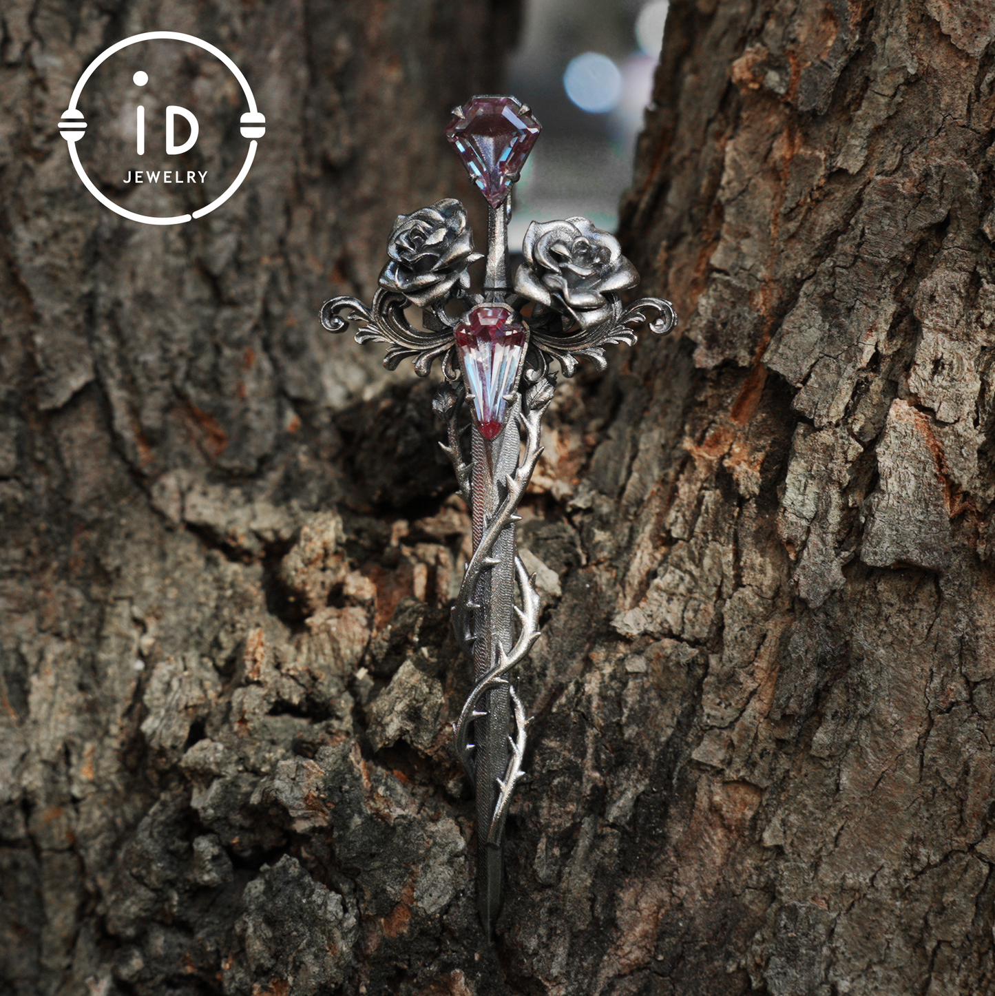 Handcrafted alexandrite pendant with rose and dagger details in oxidized silver – a symbolic talisman in gothic and witchcore style