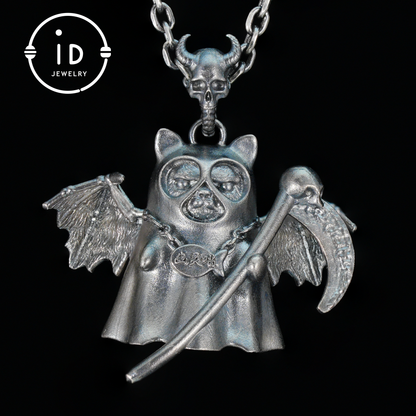 925 sterling silver pendant with winged cat figure and scythe in gothic vintage style, oxidized silver, gift for her fantasy jewelry