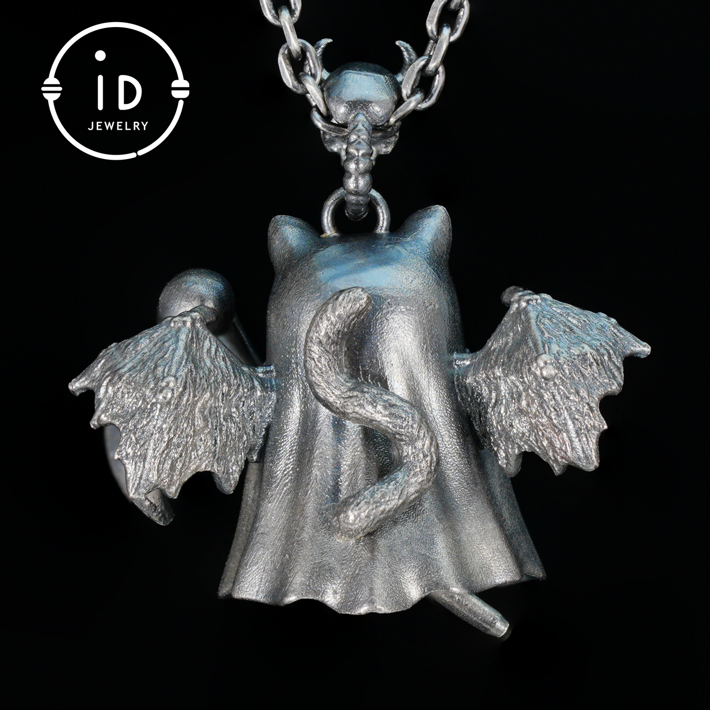 925 sterling silver pendant with winged cat figure and scythe in gothic vintage style, oxidized silver, gift for her fantasy jewelry