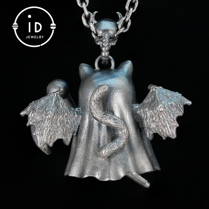 925 sterling silver pendant with winged cat figure and scythe in gothic vintage style, oxidized silver, gift for her fantasy jewelry