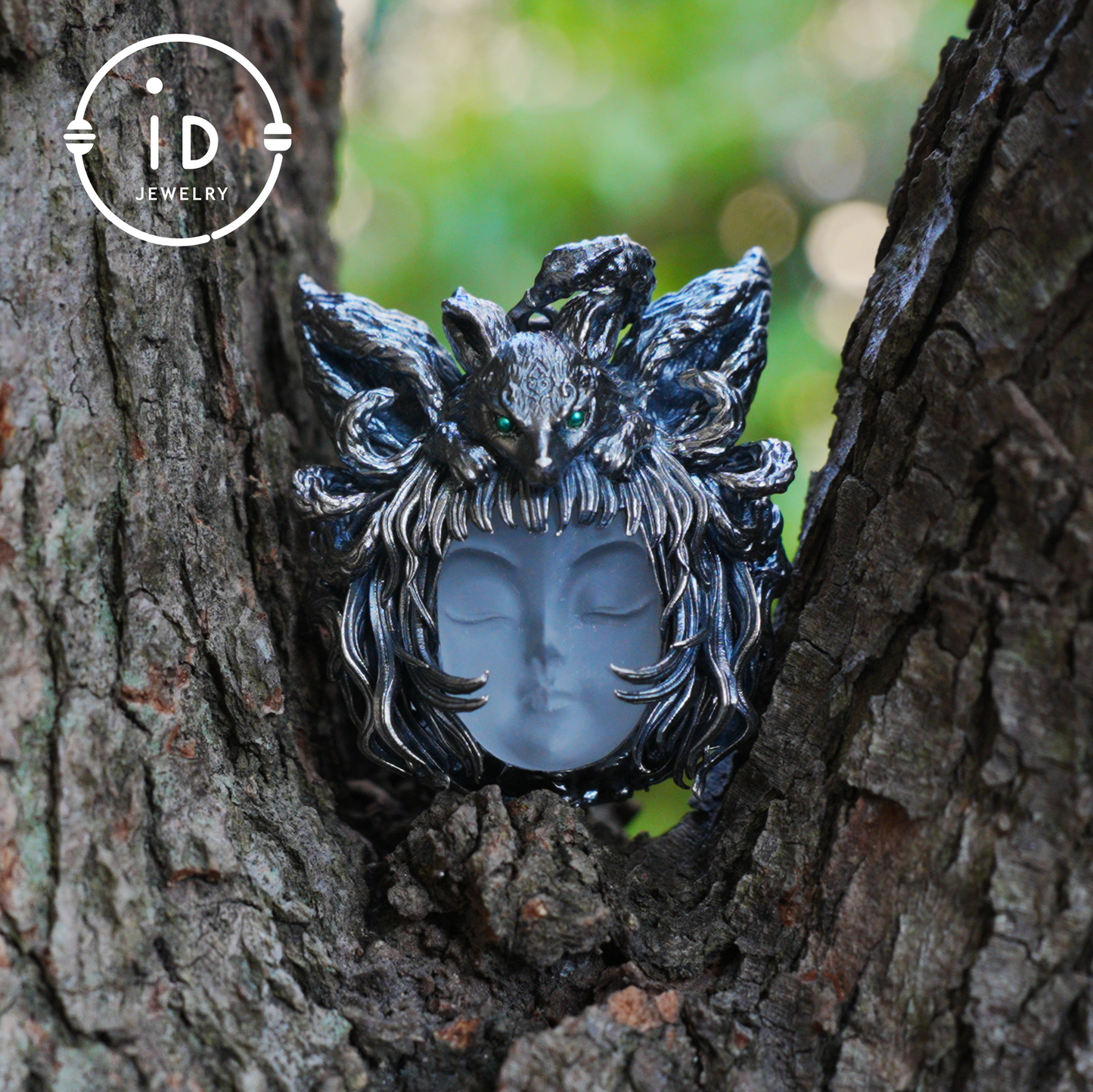 Handcrafted 925 Sterling Silver Fox Spirit Pendant with White Crystal – Mystical Fantasy Amulet Necklace for Witchy or Gothic Gift