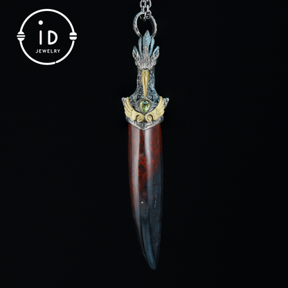 Blood Jasper Pendant with Carved Phoenix Head in 925 Sterling Silver & Bronze, Totem Talisman Necklace, Gothic Mythology Gift for Men Women