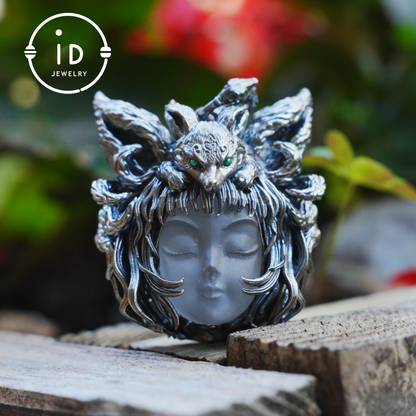 Handcrafted 925 Sterling Silver Fox Spirit Pendant with White Crystal – Mystical Fantasy Amulet Necklace for Witchy or Gothic Gift