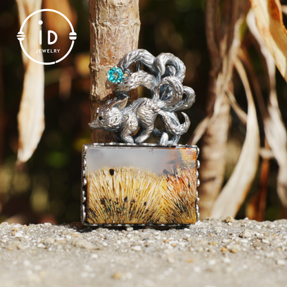 925 Silver Pendant with One-of-a-Kind Moss Agate, Oxidized Totem Animal Necklace, Nature Talisman Jewelry, Unique Gift for Her