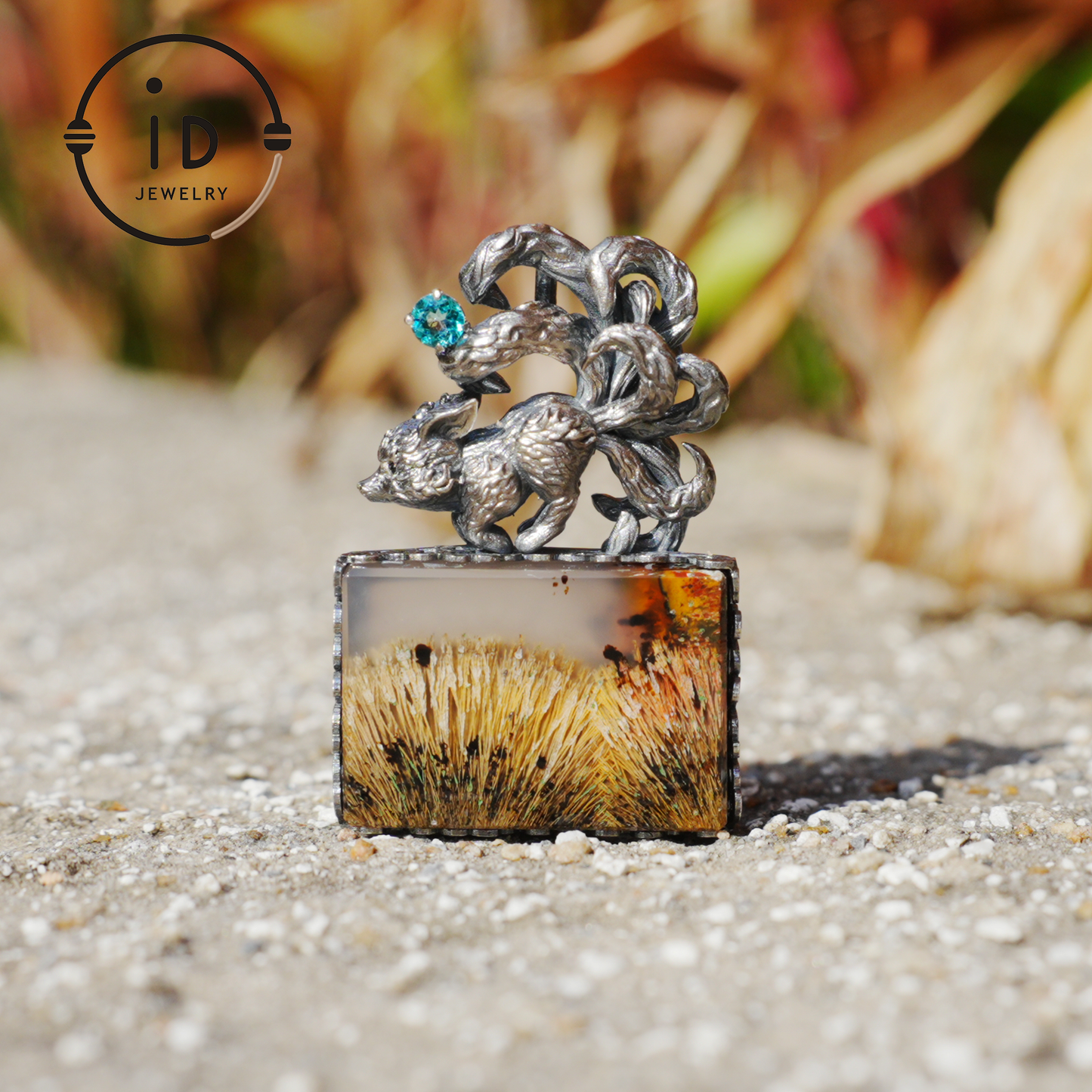 925 Silver Pendant with One-of-a-Kind Moss Agate, Oxidized Totem Animal Necklace, Nature Talisman Jewelry, Unique Gift for Her