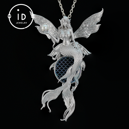 Silver Mermaid Pendant with Wings in 925 Sterling Silver with Pearl and Blue Goldstone, Gothic Vintage Style, Gift for Women