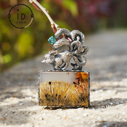 925 Silver Pendant with One-of-a-Kind Moss Agate, Oxidized Totem Animal Necklace, Nature Talisman Jewelry, Unique Gift for Her