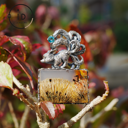 925 Silver Pendant with One-of-a-Kind Moss Agate, Oxidized Totem Animal Necklace, Nature Talisman Jewelry, Unique Gift for Her