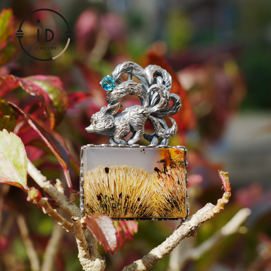 925 Silver Pendant with One-of-a-Kind Moss Agate, Oxidized Totem Animal Necklace, Nature Talisman Jewelry, Unique Gift for Her