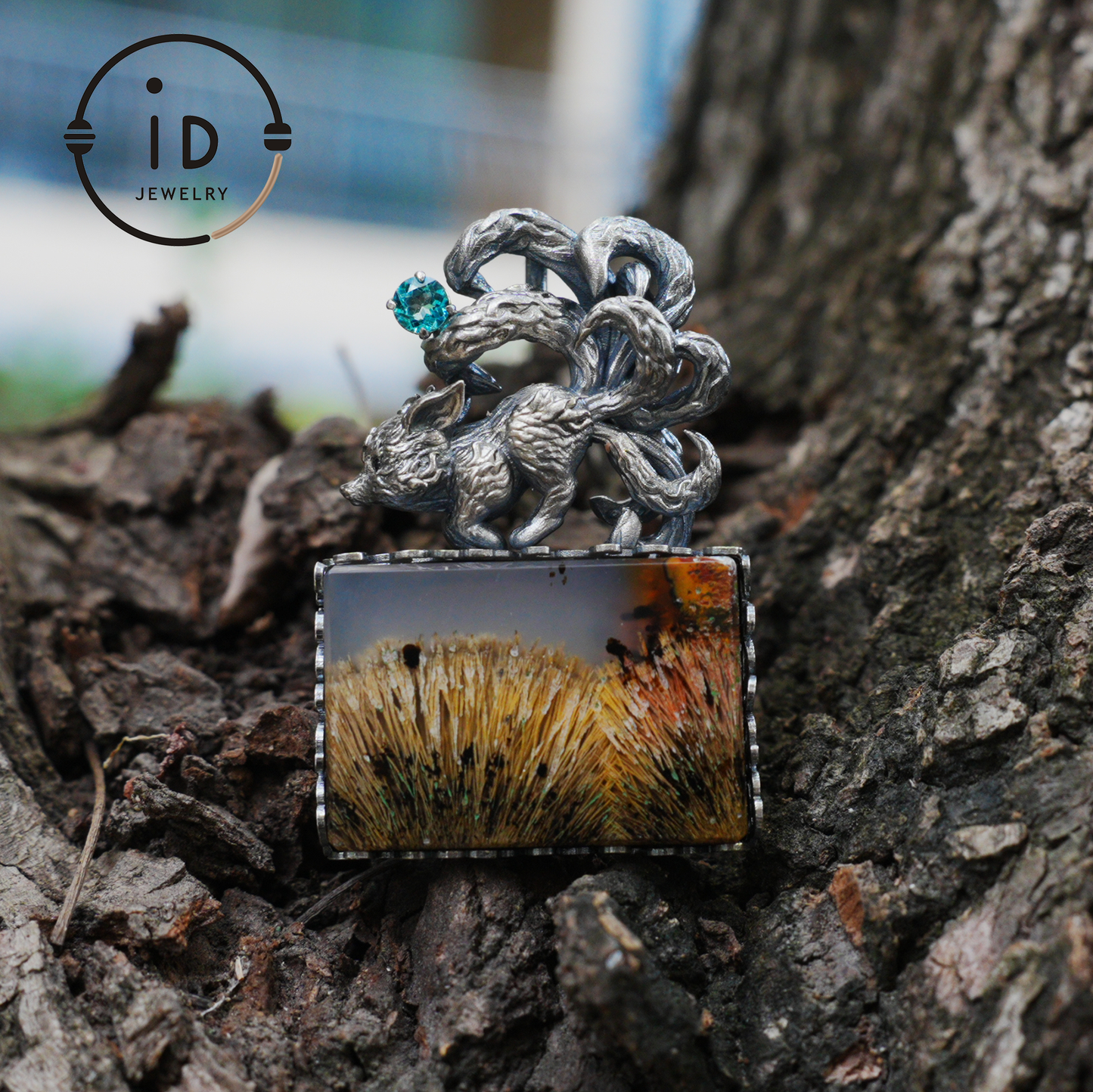 925 Silver Pendant with One-of-a-Kind Moss Agate, Oxidized Totem Animal Necklace, Nature Talisman Jewelry, Unique Gift for Her