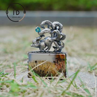 925 Silver Pendant with One-of-a-Kind Moss Agate, Oxidized Totem Animal Necklace, Nature Talisman Jewelry, Unique Gift for Her