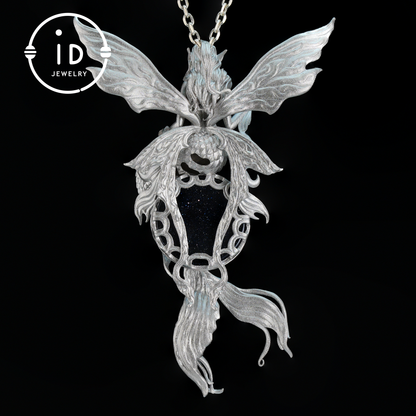 Silver Mermaid Pendant with Wings in 925 Sterling Silver with Pearl and Blue Goldstone, Gothic Vintage Style, Gift for Women