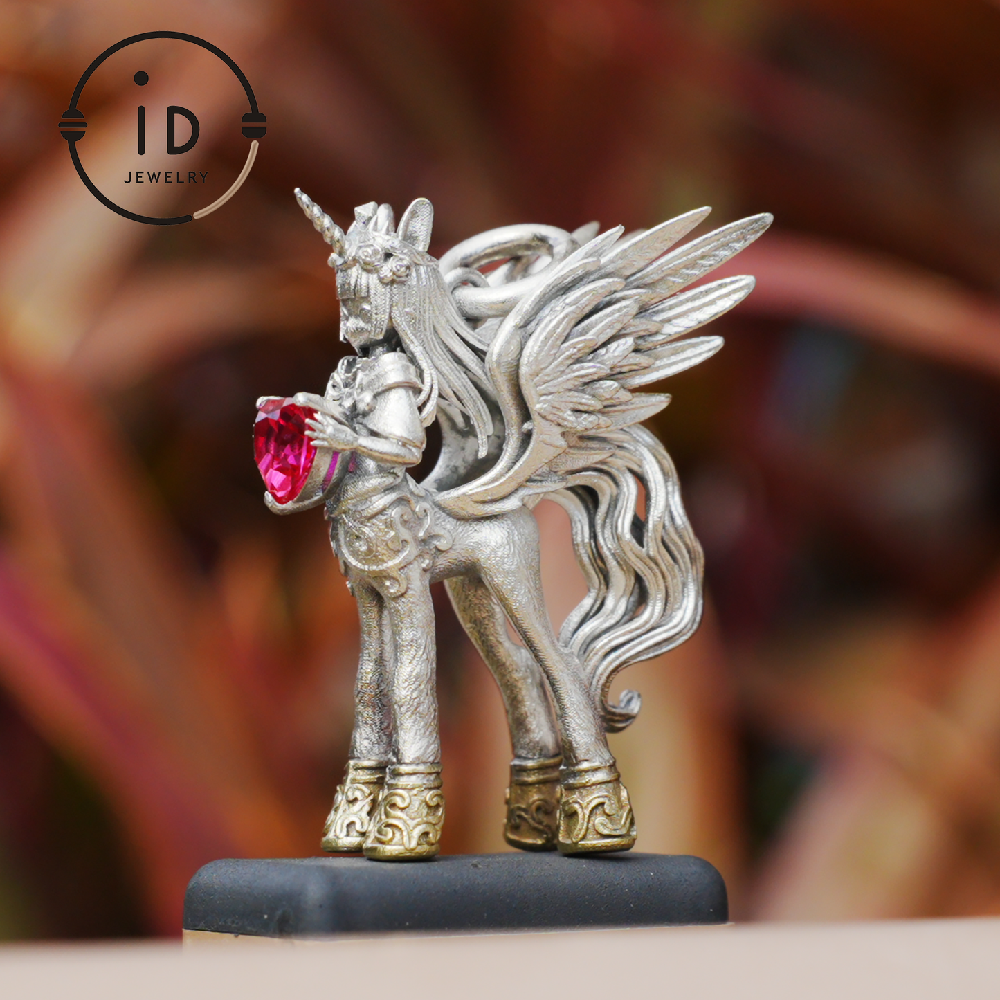 925 Silver Pendant with Unicorn, with Red Synthetic Ruby, Gothic Fantasy Jewelry, Oxidized Silver, Talisman Pendant for Self-Reflection