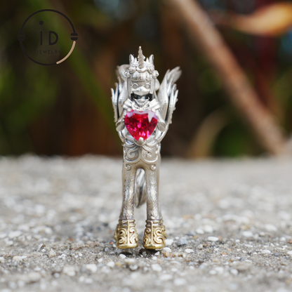 925 Silver Pendant with Unicorn, with Red Synthetic Ruby, Gothic Fantasy Jewelry, Oxidized Silver, Talisman Pendant for Self-Reflection