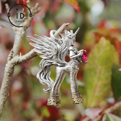 925 Silver Pendant with Unicorn, with Red Synthetic Ruby, Gothic Fantasy Jewelry, Oxidized Silver, Talisman Pendant for Self-Reflection