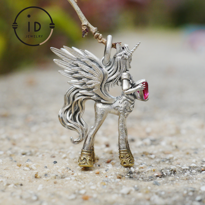 925 Silver Pendant with Unicorn, with Red Synthetic Ruby, Gothic Fantasy Jewelry, Oxidized Silver, Talisman Pendant for Self-Reflection