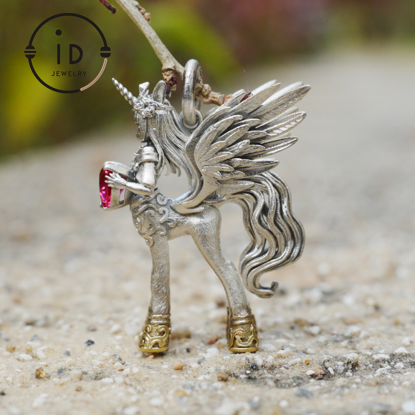 925 Silver Pendant with Unicorn, with Red Synthetic Ruby, Gothic Fantasy Jewelry, Oxidized Silver, Talisman Pendant for Self-Reflection