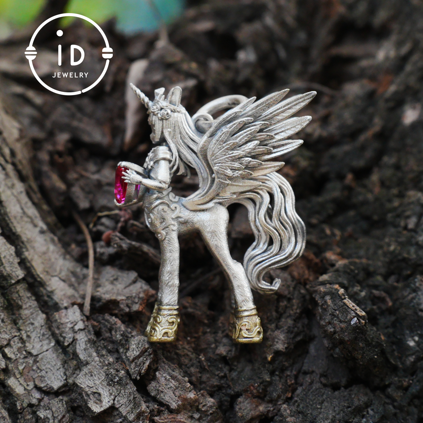 925 Silver Pendant with Unicorn, with Red Synthetic Ruby, Gothic Fantasy Jewelry, Oxidized Silver, Talisman Pendant for Self-Reflection