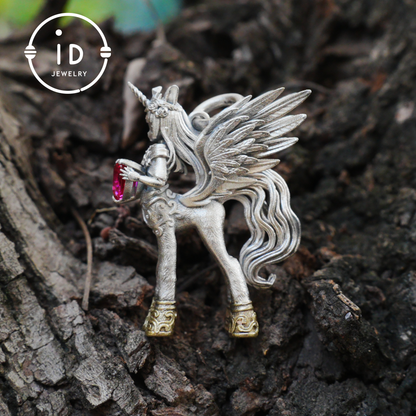 925 Silver Pendant with Unicorn, with Red Synthetic Ruby, Gothic Fantasy Jewelry, Oxidized Silver, Talisman Pendant for Self-Reflection