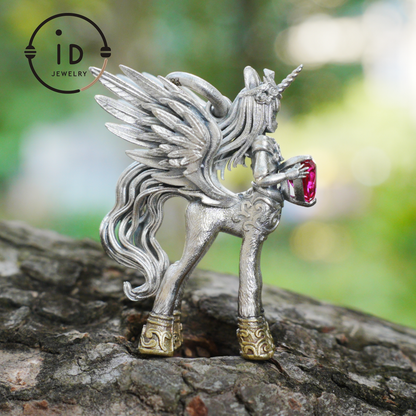 925 Silver Pendant with Unicorn, with Red Synthetic Ruby, Gothic Fantasy Jewelry, Oxidized Silver, Talisman Pendant for Self-Reflection