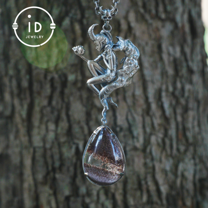 925 Silver Pendant with Lodolith Crystal Drop, Gothic Fantasy Jewelry, Oxidized Silver, Talisman Pendant for Self-Reflection, Gift for Her