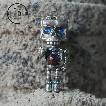 Memento Mori Skull Pendant | 925 Silver with Labradorite & Iron Opal | Gothic Talisman for Spiritual Awakening