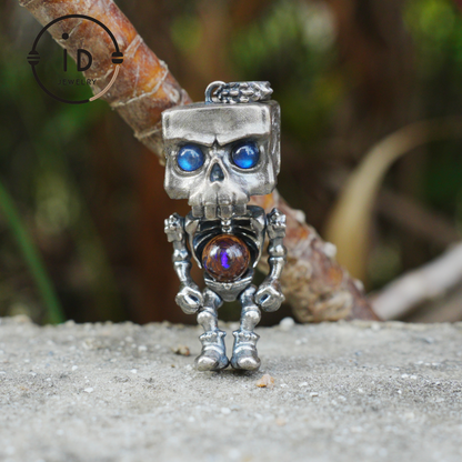 Memento Mori Skull Pendant | 925 Silver with Labradorite & Iron Opal | Gothic Talisman for Spiritual Awakening