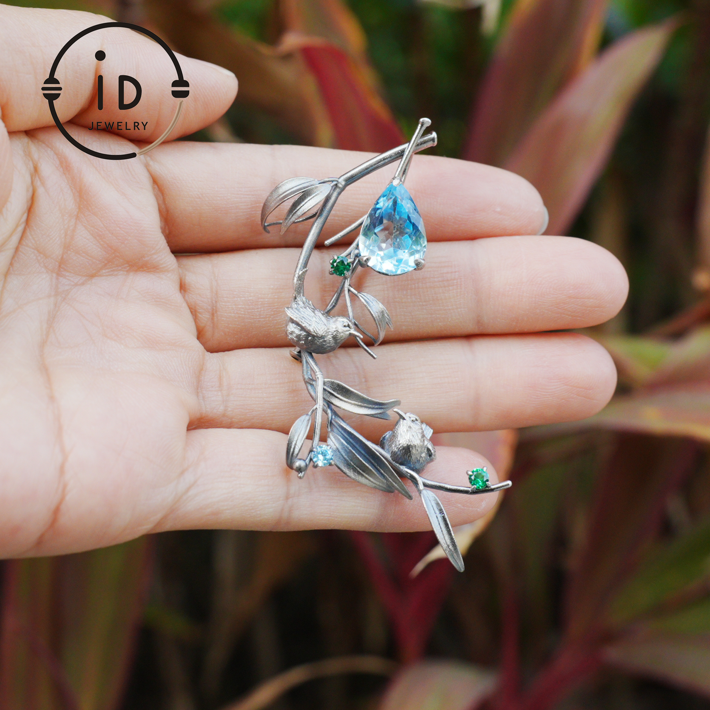 Handmade Brooch & Pendant with Blue Topaz, Green Gemstone, Oxidized 925 Silver, Nature-Inspired Fairy Jewelry, Gift for Her