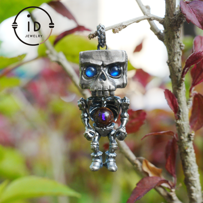 Memento Mori Skull Pendant | 925 Silver with Labradorite & Iron Opal | Gothic Talisman for Spiritual Awakening