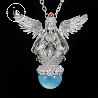 Silver pendant with figure wing design aquamarine amulet oxidized 925 jewelry gothic fairy style necklace gift for her spiritual vintage