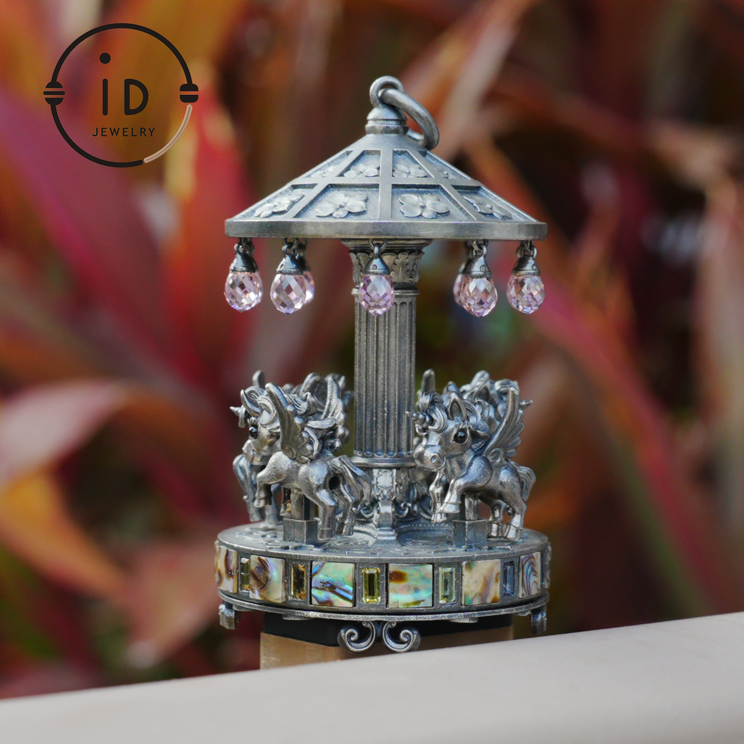 Unique Carousel Figurine in 925 Silver, with Abalone & Pink Crystal, Oxidized, Fairytale Decor, Handmade, Collectible Gift Idea