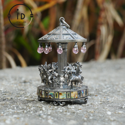 Unique Carousel Figurine in 925 Silver, with Abalone & Pink Crystal, Oxidized, Fairytale Decor, Handmade, Collectible Gift Idea