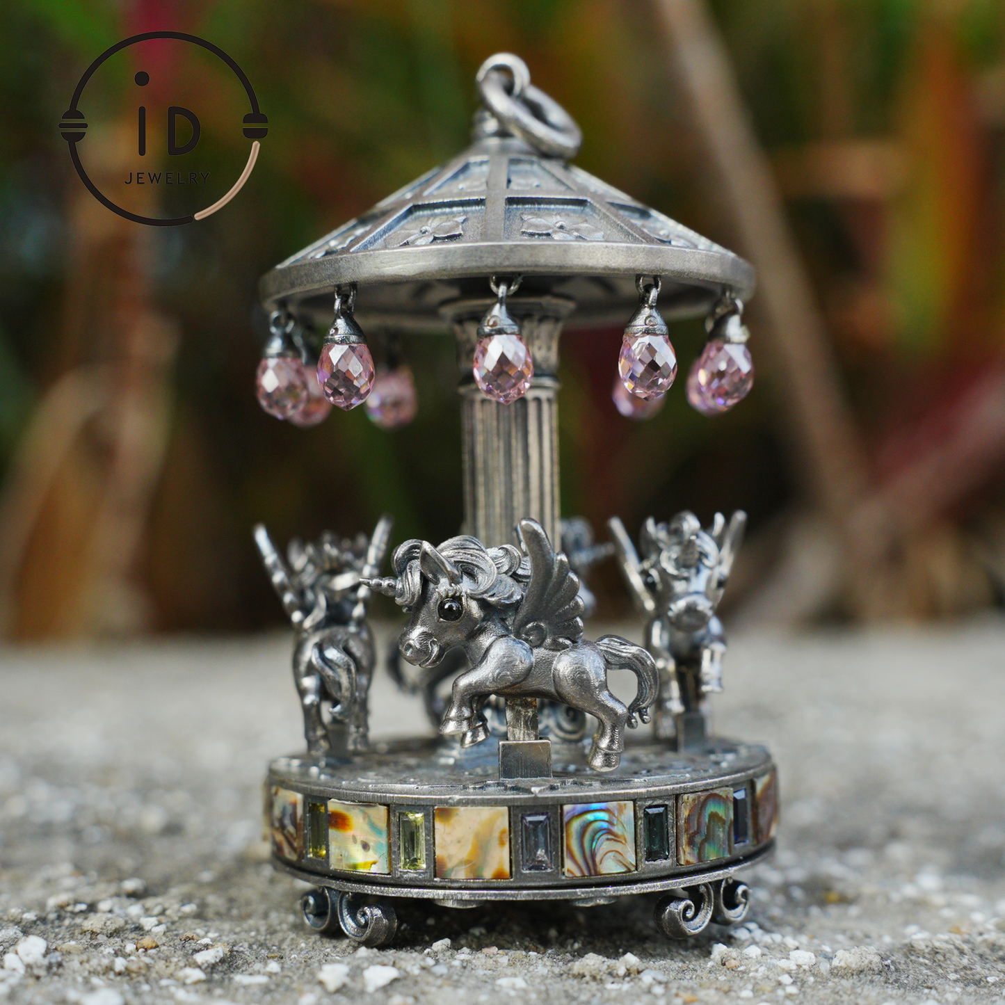 Unique Carousel Figurine in 925 Silver, with Abalone & Pink Crystal, Oxidized, Fairytale Decor, Handmade, Collectible Gift Idea