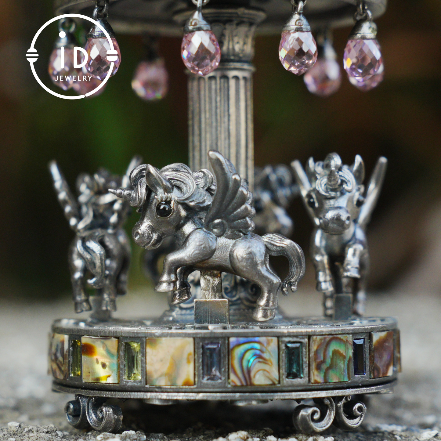 Unique Carousel Figurine in 925 Silver, with Abalone & Pink Crystal, Oxidized, Fairytale Decor, Handmade, Collectible Gift Idea